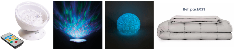 Pack accessoire sensorielle (1 mini projecteur, 2 lunes lumineuses, 1 couverture lestée 4 kg, 120x180 cm)